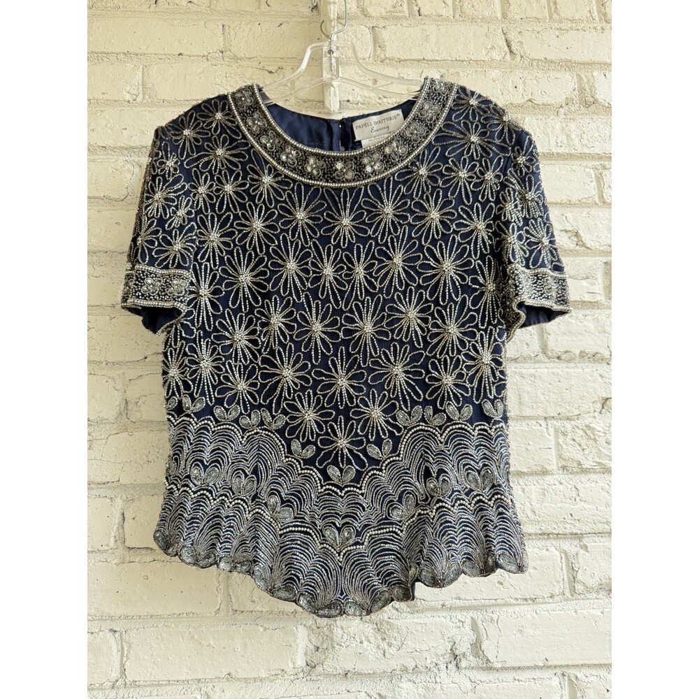 Vintage Papell Boutique Evening Top Beaded 100% Silk Navy Silver Beads- Size 16